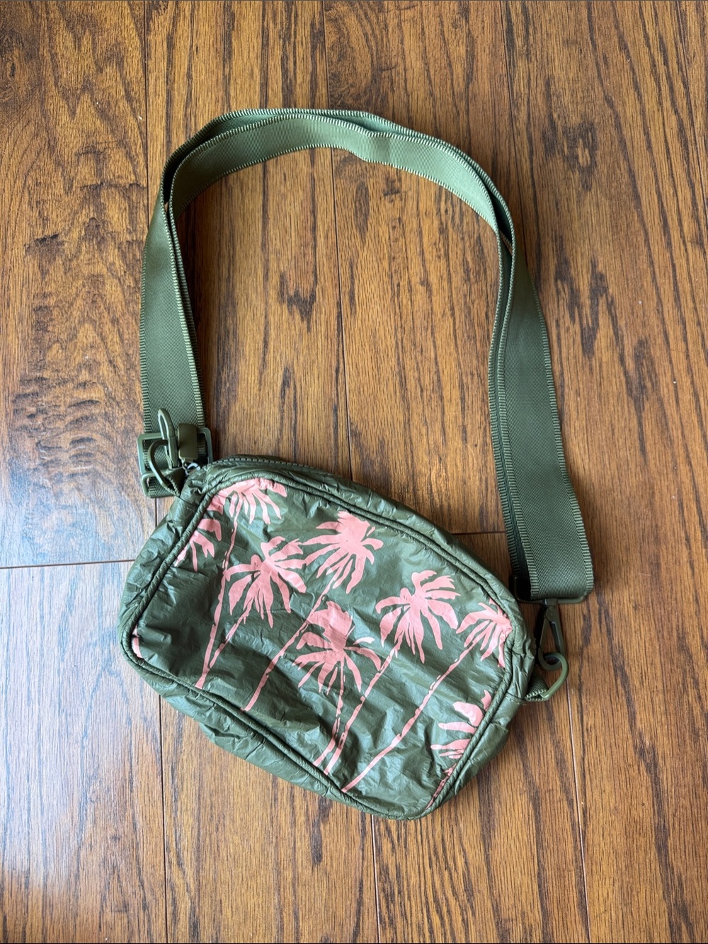 Aloha Collection Olive Green Crossbody Belt Bag with Pink Palm Print
